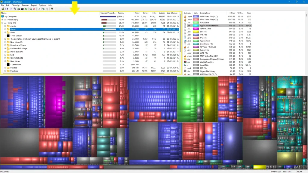 Left panel displaying the hierarchical folder tree with items ranked by consumed disk space