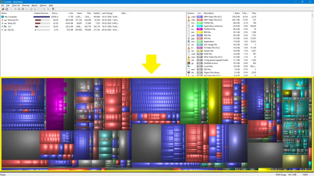 Interactive treemap showing a selected tile and its associated file details
