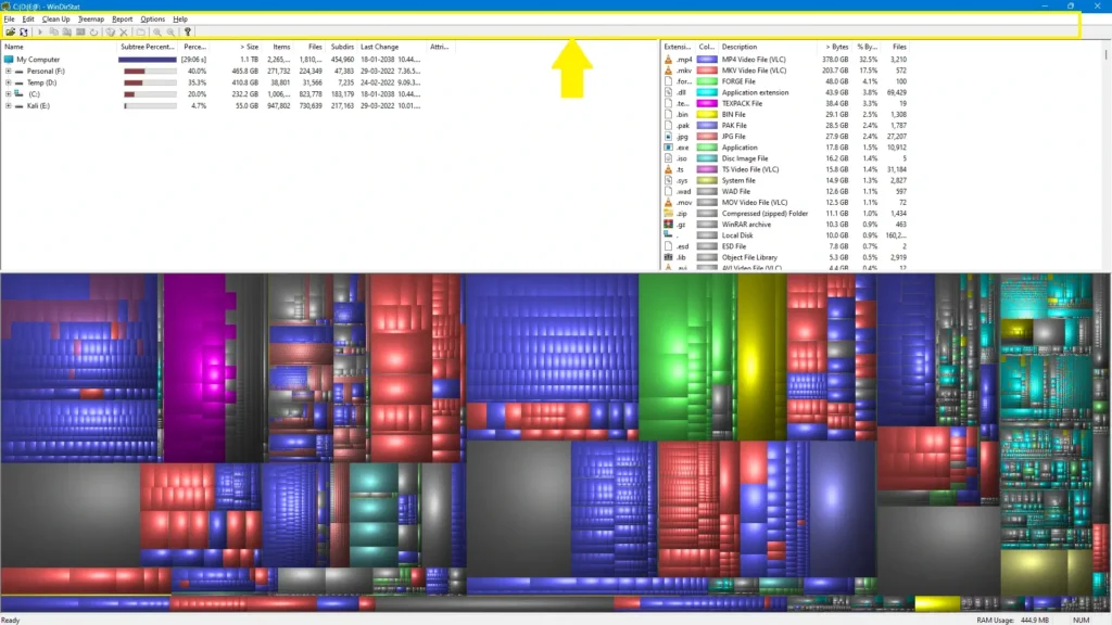 WinDirStat menu bar with dropdown commands for cleanup, view options, and configuration